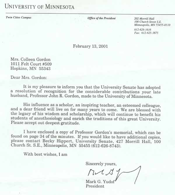 Letter from the U of Minn Senate